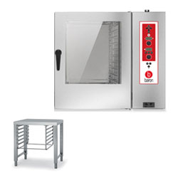 Baron OPVGS102 Gas Combi Oven With Stand 10 x 2/1 GN or 20 x 1/1 GN gas direct steam combi oven. Electronic controls. Right hand hinge.