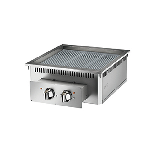Baron 2 burner drop in electric fry top with ribbed chrome plate.