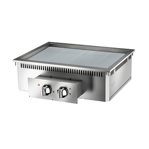 Baron 2 burner drop in electric fry top with ribbed chrome plate.
