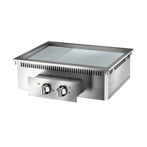 Baron 2 burner drop in electric fry top with 2/3 smooth 1/3 ribbed chrome plate.
