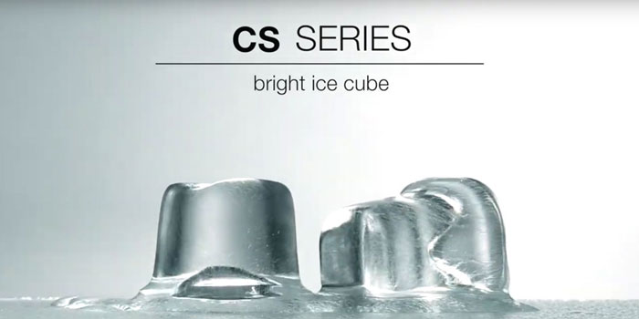 Bright/gourmet cube ice machine range with incorporated storage bin.