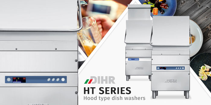 Dihr HT series hood type and pass through dishwashers, heat recovery exhaust systems commercial ware washers, made in Italy