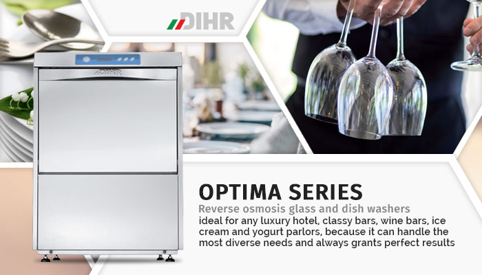 Dihr OPTIMA series reverse osmosis compatible glasswashers, dishwashers, undercounter commercial ware washers, made in Italy