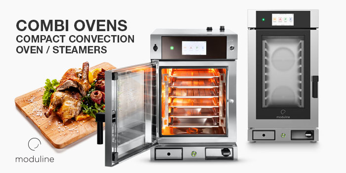 Compact Slim Line Combi Ovens, Convection cooking with forced ventilation, steam and mixed direct injection, Moduline Catering Equipment