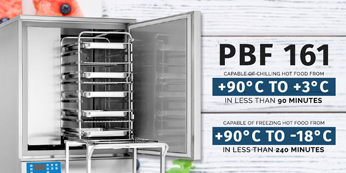 Able to take 16 x 1/1GN or 600 x 400 trays gives the PBF 161 great flexibility as well as having a 36(55)kg chilling and 24(36)kg freezing capacity.