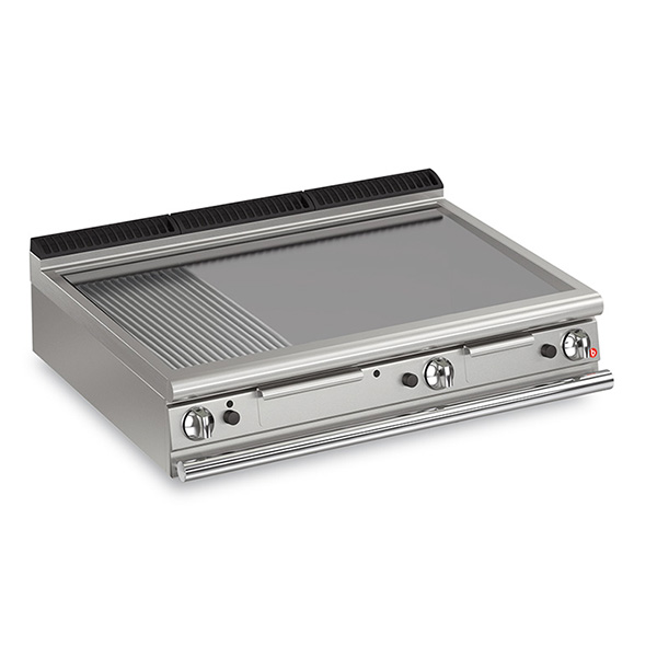 Baron 3 burner gas fry top with 2/3 smooth 1/3 ribbed mild steel plate and thermostat control.