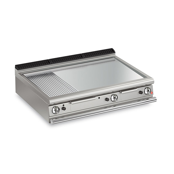 Baron 3 burner gas fry top with 2/3 smooth 1/3 ribbed chrome plate and thermostat control.