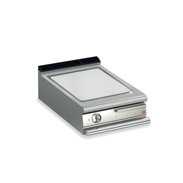 Baron 1 burner electric fry top with smooth chrome plate and thermostat control.