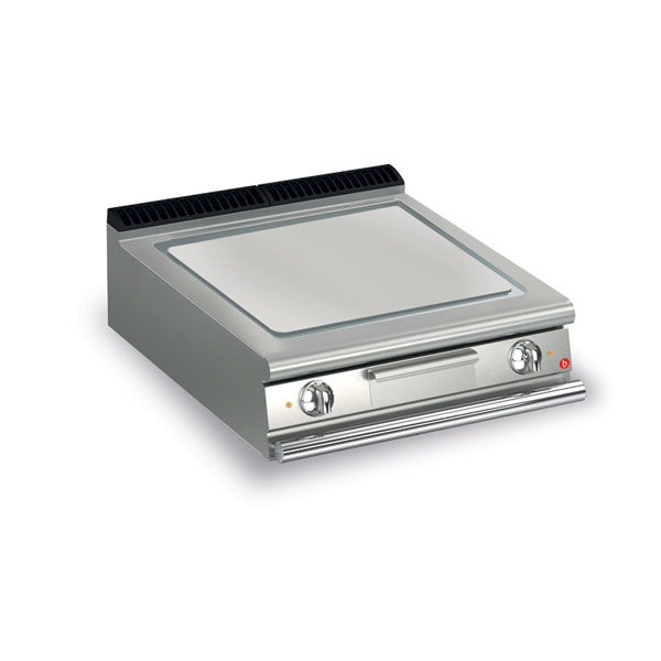 Baron 2 burner electric fry top with smooth chrome plate and thermostat control.