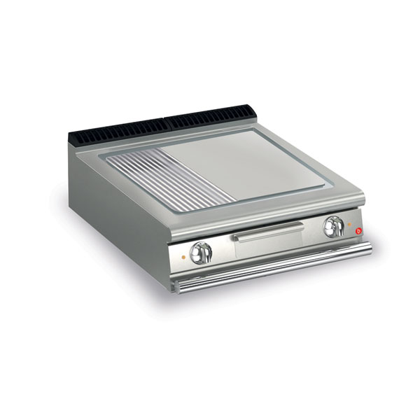 Baron 2 burner electric fry top with 2/3 smooth 1/3 ribbed chrome plate and thermostat control.