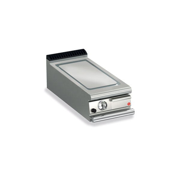 Baron 1 burner gas fry top with smooth chrome plate and thermostat control.
