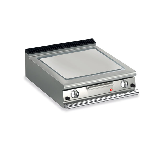 Baron 2 burner gas fry top with smooth chrome plate and thermostat control.