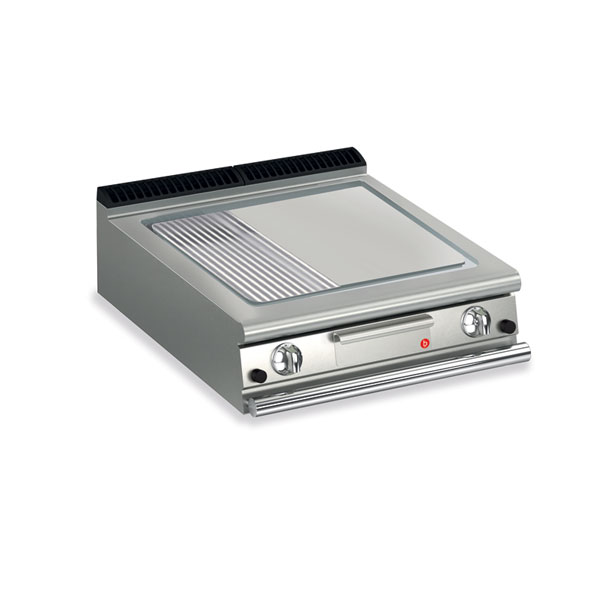 Baron 2 burner gas fry top with 2/3 smooth 1/3 ribbed chrome plate and thermostat control.