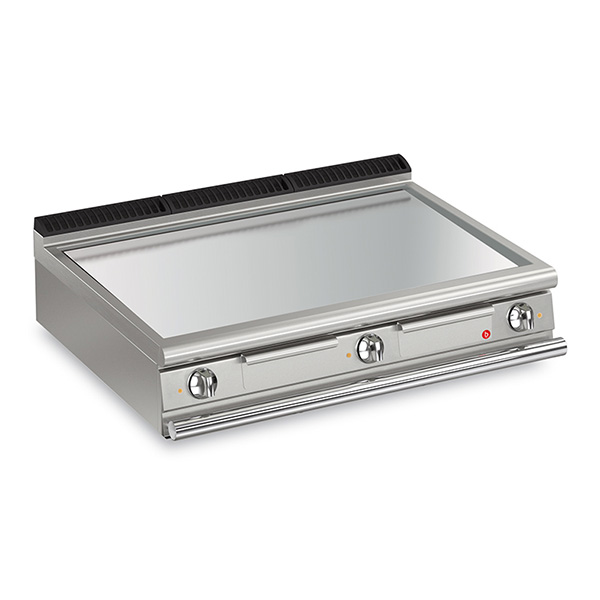 Baron 3 burner electric fry top with smooth chrome plate and thermostat control.