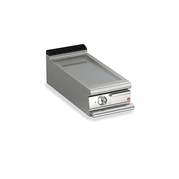Baron 1 burner electric fry top with smooth mild steel plate and thermostat control.