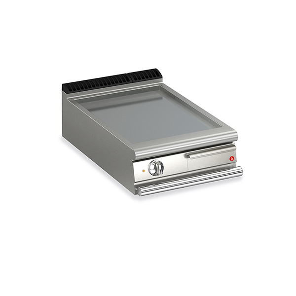 Baron 1 burner electric fry top with smooth mild steel plate and thermostat control.