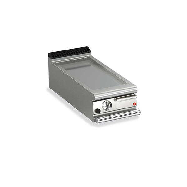 Baron 1 burner gas fry top with smooth mild steel plate.
