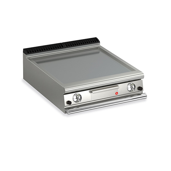 Baron 2 burner gas fry top with smooth mild steel plate.