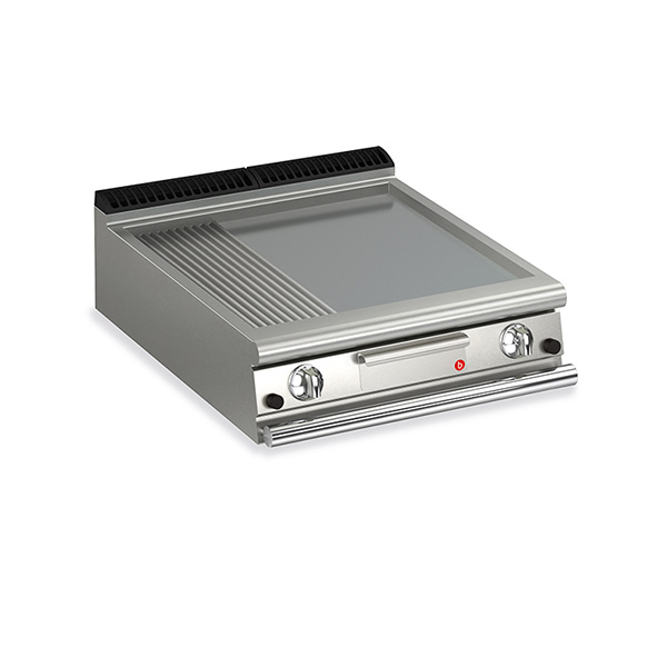 Baron 2 burner gas fry top with 2/3 smooth 1/3 ribbed mild steel plate.