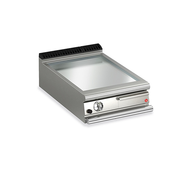 Baron 1 burner gas fry top with smooth chrome plate and thermostat control.
