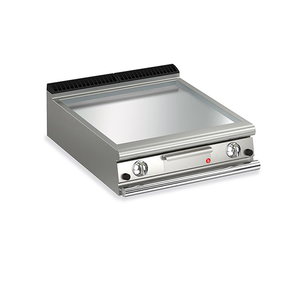 Baron 2 burner gas fry top with smooth chrome plate and thermostat control.