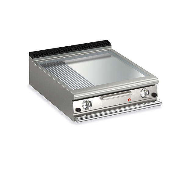 Baron 2 burner gas fry top with 2/3 smooth 1/3 ribbed chrome plate and thermostat control.