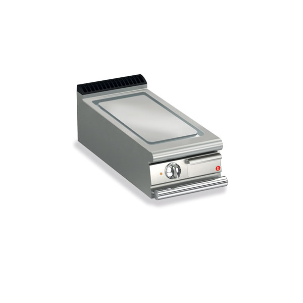 Baron 1 burner electric fry top with smooth mild steel plate and thermostat control.