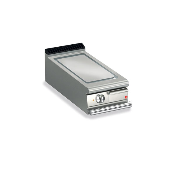 Baron 1 burner electric fry top with smooth chrome plate and thermostat control.