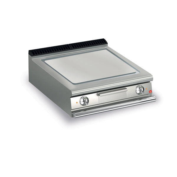 Baron 2 burner electric fry top with smooth chrome plate and thermostat control.