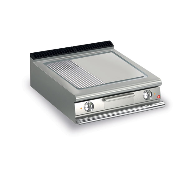 Baron 2 burner electric fry top with 2/3 smooth 1/3 ribbed chrome plate and thermostat control.