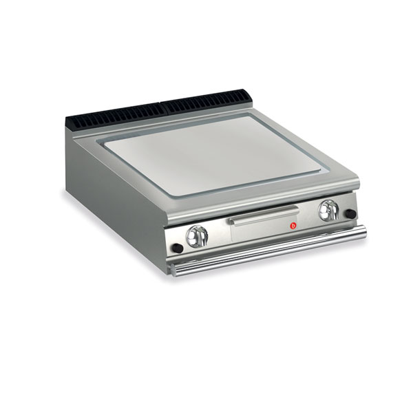 Baron 2 burner gas fry top with smooth mild steel plate.