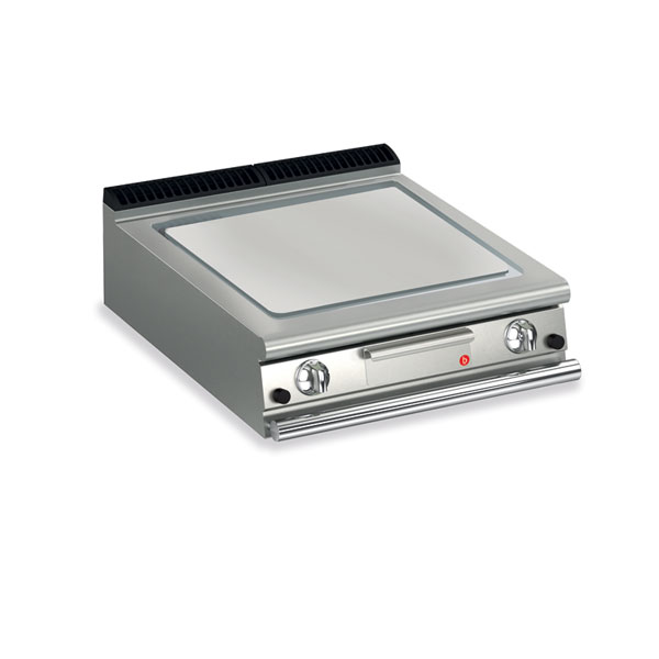 Baron 2 burner gas fry top with smooth chrome plate and thermostat control.