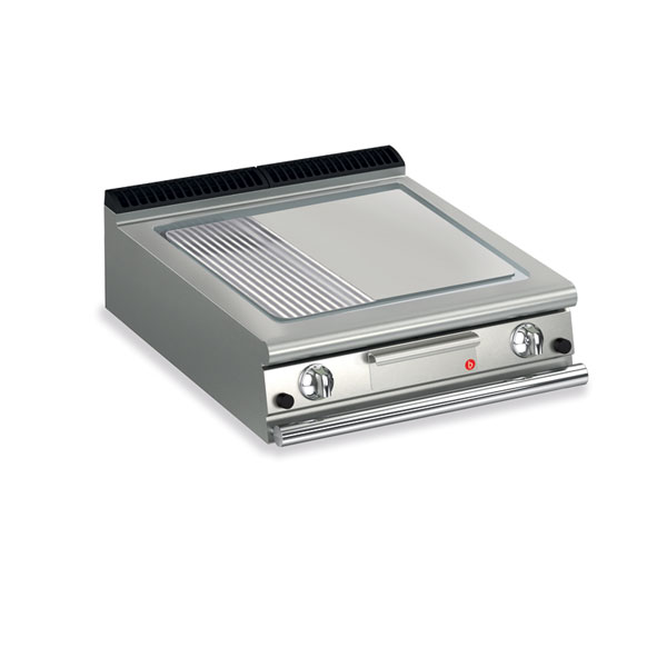 Baron 2 burner gas fry top with 2/3 smooth 1/3 ribbed chrome plate and thermostat control.